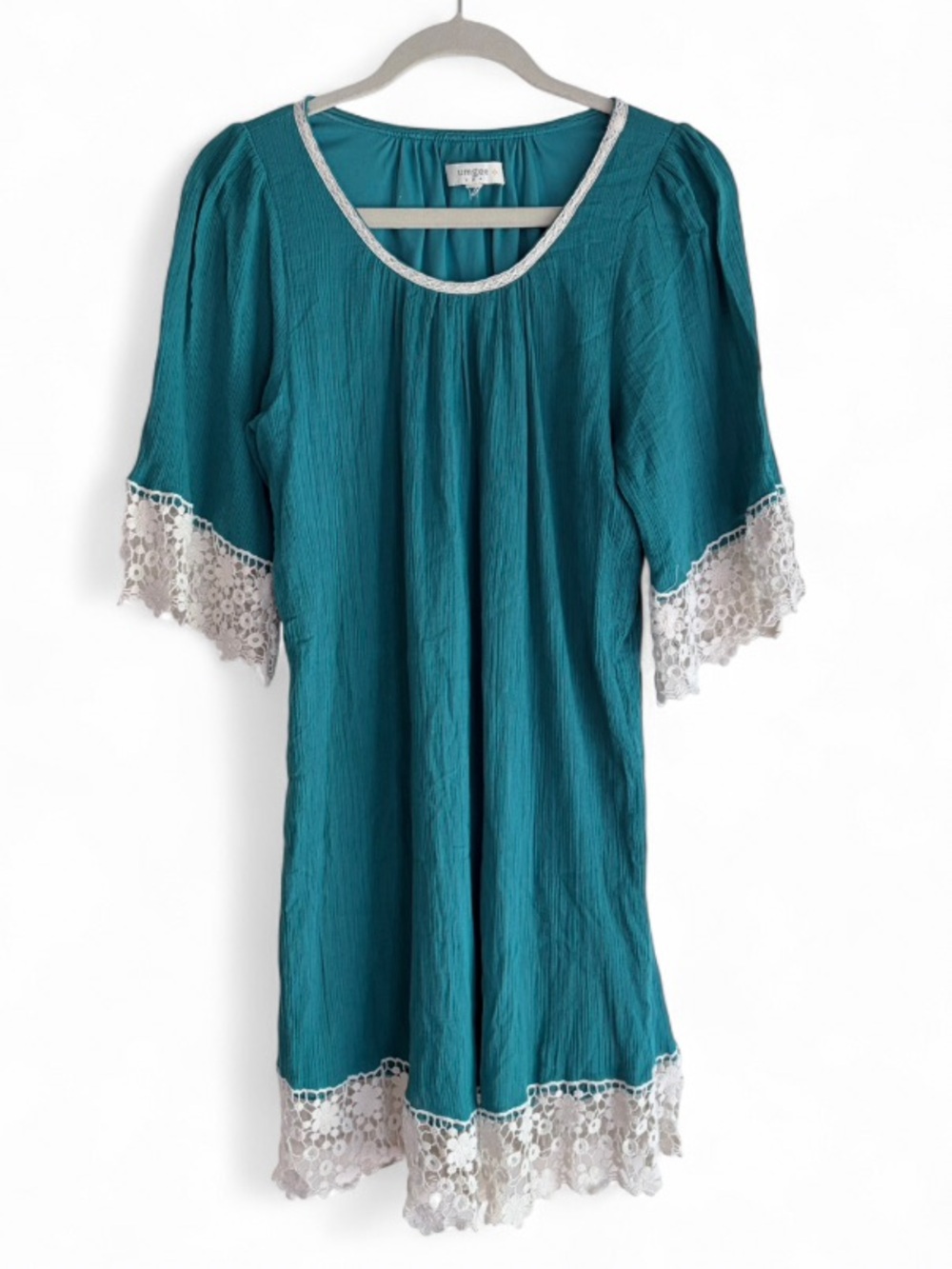 Umgee Teal Gauzy Crochet Trim Boho Peasant Mini Dress Size XL